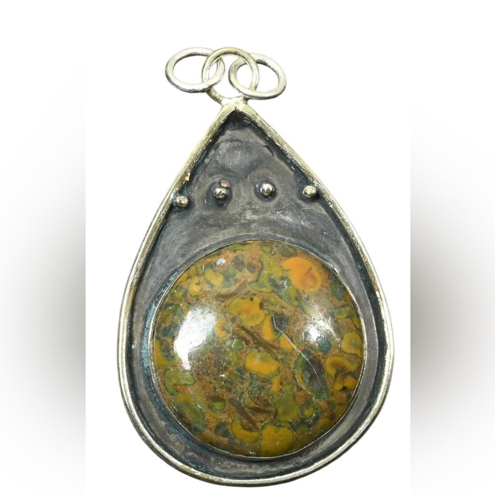 Artisan FRUIT JASPER Teardrop Pendant with Green and Yellow Hand Crafted #9140 - Picture 5 of 15